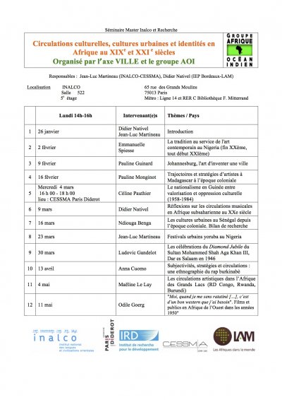 Programme du Séminaire Axe Ville et Groupe AOI <br> Circulations culturelles, cultures urbaines et identités en Afrique au XIXè et XXIè siècles